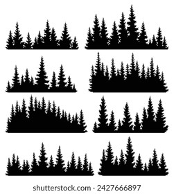 Set of fir trees silhouettes. Coniferous spruce horizontal background patterns, black evergreen woods vector illustration. Beautiful hand drawn panoramas of coniferous forest