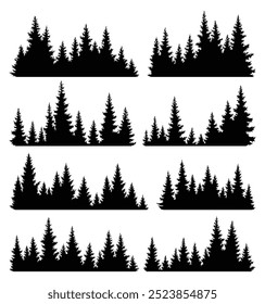Conjunto de silhuetas de abetos. Padrões de fundo horizontal de abeto conífero, ilustração de vetor de madeira verde-escuro preto. Bonitos panoramas desenhados à mão de coníferas