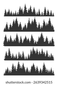 Set of fir trees silhouettes. Coniferous spruce horizontal background patterns, black evergreen woods vector illustration. Beautiful hand drawn panoramas of coniferous forest