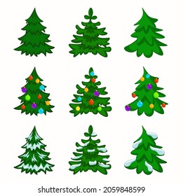 A set of fir trees in the snow, a Christmas tree. Cartoon vector illustration for children
