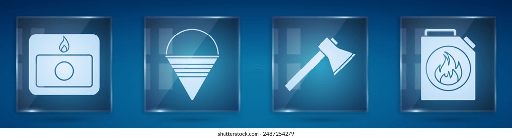 Sistema de alarma contra incendios, cubo de cono de fuego, hacha de bombero y cartucho para líquidos inflamables. Paneles de vidrio cuadrado. Vector