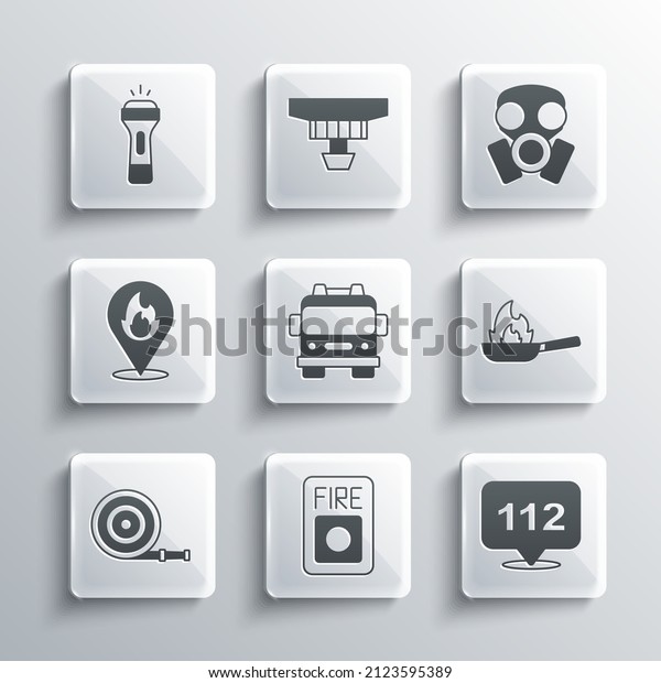Set\
Fire alarm system, Emergency call, Pan with fire, truck, hose reel,\
Location flame, Flashlight and Gas mask icon.\
Vector