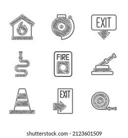 Ajuste el sistema de alarma de incendios, salida, carrete de mangueras, cono de tráfico y en el icono de la casa en llamas. Vector