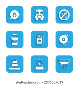 Set Fire alarm system, Flasher siren, sprinkler, Ringing bell, Traffic cone, bucket, No fire and Emergency call icon. Vector