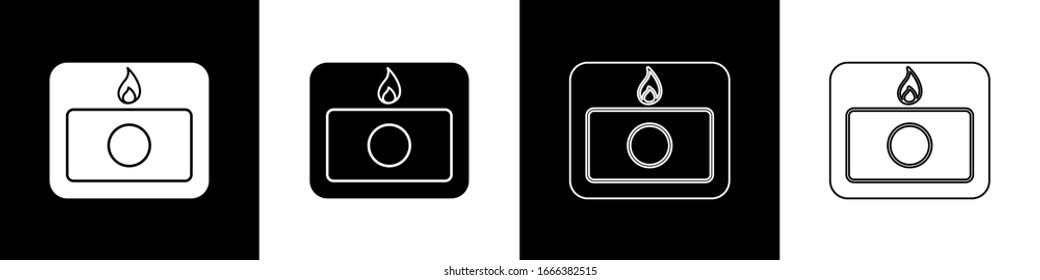 Coloque el icono del sistema de alarma contra incendios aislado en fondo blanco y negro. Tire de la caja de seguridad contra incendios. Ilustración vectorial