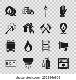 Set Brandmeldeanlage, Megaphon, Lage mit Feuerflamme, Brennendes Streichholz, brennendes Haus, Feuerwehrbeil, Telefonanruf 911 und Symbol. Vektorgrafik