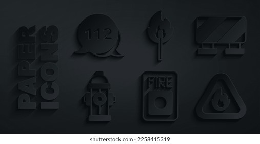 Set Fire alarm system, Road barrier, hydrant, flame in triangle, Burning match with fire and Emergency call icon. Vector