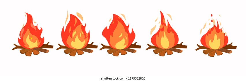 Set of fire animation, vector flat style.Bonfire, motion footage