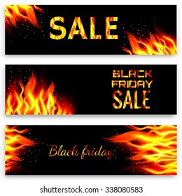 Set of fire banners. Black friday sale. Vector illustration