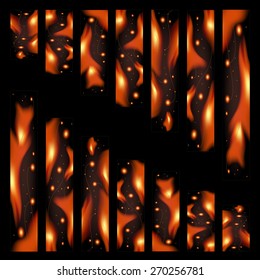 Set of fire banners with sparks and ashes on a black background, web design, vector, eps 10 