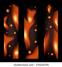 Set of fire banners with sparks and ashes on a black background, web design, vector, eps 10 