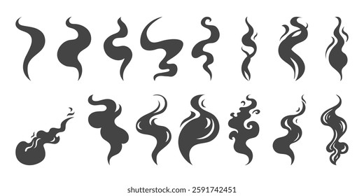 Set of fire, bonfire, steaming silhouettes. Comic fume flows collection. Hand drawn vector illustration.