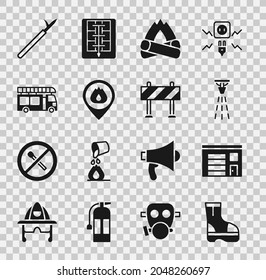 Set Fire boots, Building of fire station, sprinkler, Campfire, Location with flame, truck, Metal pike pole and Road barrier icon. Vector