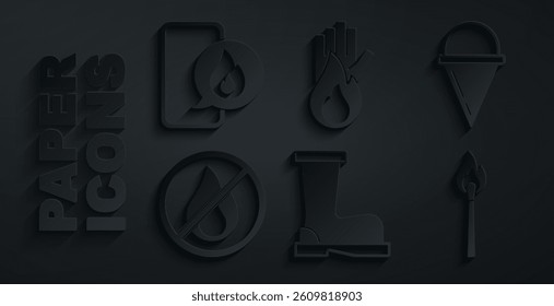 Set Fire boots, cone bucket, No fire, Burning match with,  and Phone emergency call 911 icon. Vector