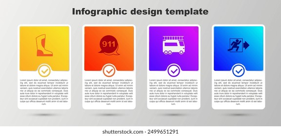 Set Fire boots, Emergency call 911, truck and exit. Business infographic template. Vector