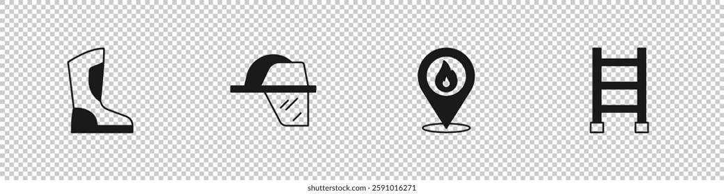 Set Fire boots, Firefighter helmet, Location with fire flame and escape icon. Vector