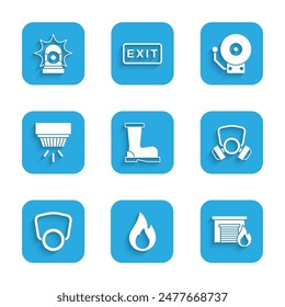 Set Fire boots, flame, in burning garage, Gas mask, Smoke alarm system, Ringing bell and Flasher siren icon. Vector