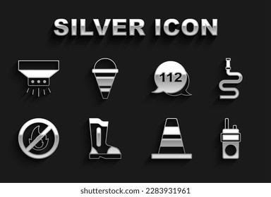 Set Fire boots, hose reel, Walkie talkie, Traffic cone, No fire, Emergency call, sprinkler system and bucket icon. Vector