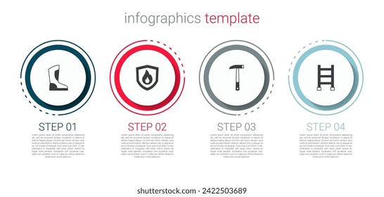 Set Fire boots, protection shield, Firefighter axe and escape. Business infographic template. Vector