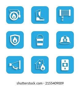 Set Fire bucket, in burning house, alarm system, Firefighter helmet, Megaphone, protection shield, hose reel and Ringing bell icon. Vector