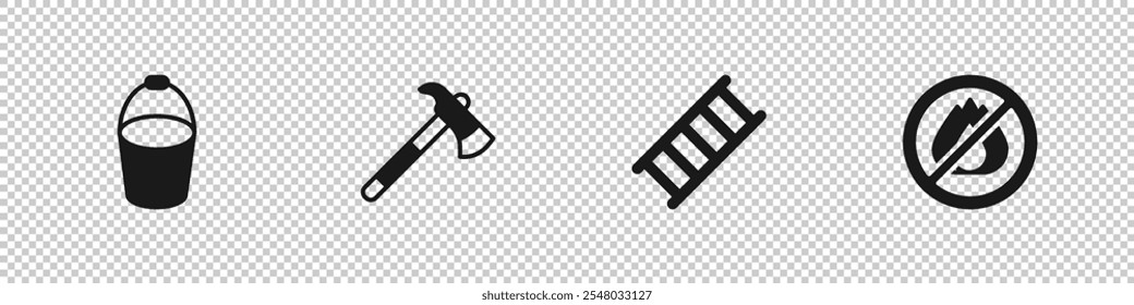 Fije el cubo del fuego, el hacha del bombero, el escape y el icono sin fuego. Vector
