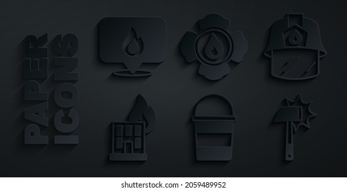 Set Fire bucket, Firefighter helmet, in burning building, axe,  and Location with fire flame icon. Vector