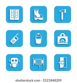 Set Fire bucket, hose reel, exit, Interior fireplace, Gas mask, Walkie talkie, Firefighter axe and Evacuation plan icon. Vector