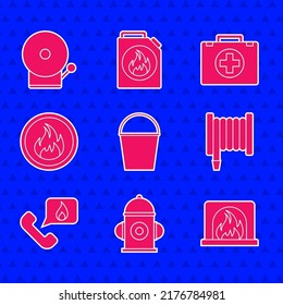 Set Fire bucket, hydrant, Interior fireplace, hose reel, Telephone with emergency call 911, flame, First aid kit and Ringing alarm bell icon. Vector