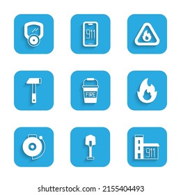 Set Fire bucket, shovel, Building of fire station, flame, Ringing alarm bell, Hammer, triangle and Gas mask icon. Vector