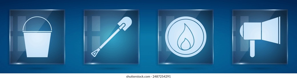 Set Fire bucket, Fire shovel, Fire flame and Megaphone. Square glass panels. Vector