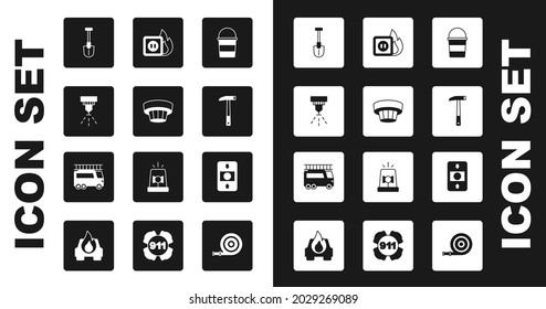 Set Fire Bucket, Smoke Alarm System, Sprinkler, Shovel, Firefighter Axe, Electric Wiring Of Socket Fire,  And Truck Icon. Vector