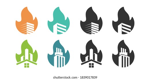 diseño del logotipo del conjunto de incendios y del edificio negativo