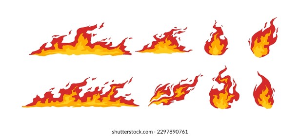 Set of fire burn isolated on white background. Flaming burn light collection, bonfire explosion, energy icon symbol. Vector illustration