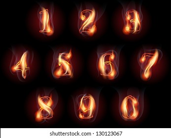 set of fire burning arabic numbers