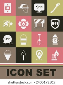 Set Fire in burning building, hydrant, Emergency call 911, Firefighter, exit, alarm system and Road barrier icon. Vector