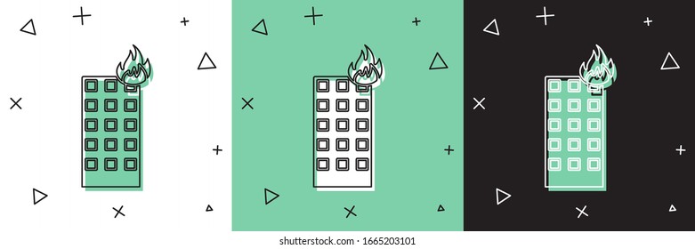 Set Fire burning in building on city street icon isolated on white and green, black background.  Vector Illustration
