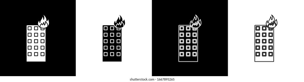 Set Fire in burning building on city street icon isolated on black and white background.  Vector Illustration