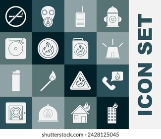 Set Fire in burning building, Telephone with emergency call 911, Flasher siren, Walkie talkie, flame, Ringing alarm bell, No Smoking and Canister for flammable liquids icon. Vector