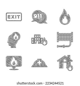 Set Fire in burning buildings, Firefighter helmet, house, hose reel, Location with fire flame,  and exit icon. Vector