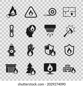 Set Fire in burning buildings, protection shield, Firefighter axe, hose reel, Climber rope, Hand holding fire and Smoke alarm system icon. Vector