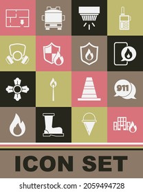 Set Fire in burning buildings, Telephone call 911, Phone with emergency, Smoke alarm system, protection shield, Gas mask, Evacuation plan and  icon. Vector