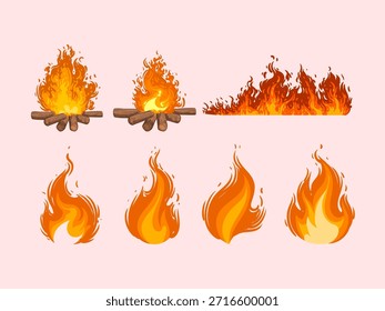 Satz von Feuer, Brennen, Flammen-Symbol-Zeichen und Symbol-Element einzelne Vektorgrafik.