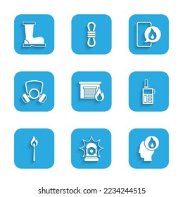 Set Fire in burning garage, Flasher siren, Firefighter, Walkie talkie, Burning match with fire, Gas mask, Phone emergency call 911 and boots icon. Vector