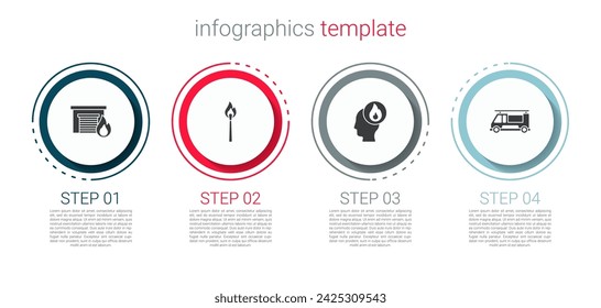 Set Fire in burning garage, Burning match with fire, Firefighter and truck. Business infographic template. Vector
