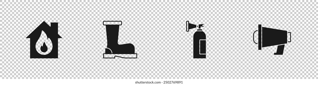 Set Fire in burning house, boots, extinguisher and Megaphone icon. Vector