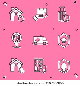 Set Fire in burning house, Delivery insurance, Travel suitcase with shield, Location, Emergency car, Graduation cap, House flood and  icon. Vector