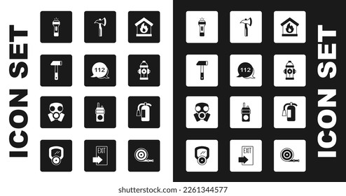 Set Fire in burning house, Emergency call, Hammer, Flashlight, hydrant, Firefighter axe, extinguisher and Gas mask icon. Vector