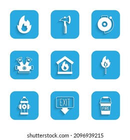 Set Fire in burning house, exit, bucket, Burning match with fire, hydrant, Ringing alarm bell and flame icon. Vector