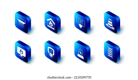 Set Fire in burning house, exit, Traffic cone, escape, Flasher siren, Gas mask, Location with fire flame and sprinkler system icon. Vector