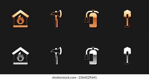 Set Fire in burning house, Firefighter axe, extinguisher and shovel icon. Vector